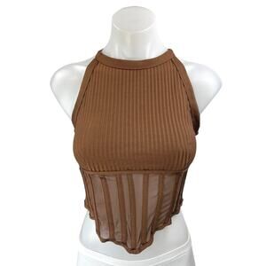 Missguided Brown Rib Knit Sleeveless Racerback Zippper Corset Crop Tank Top Sz 4
